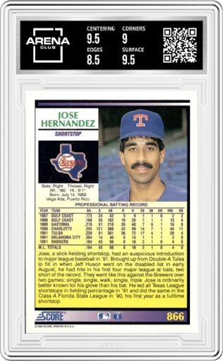 Jose Hernandez from the 1992 Score set graded by Arena Club and given an overall grade of 9.