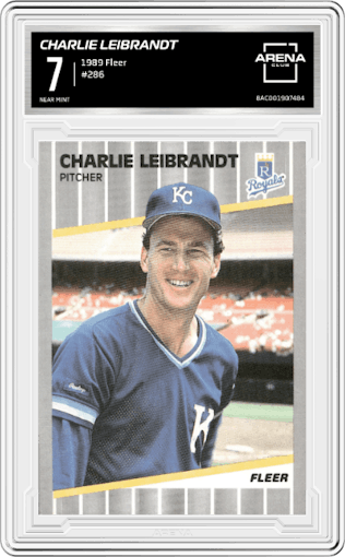 Charlie Leibrandt from the 1989 Fleer set graded by Arena Club and given an overall grade of 7.