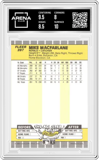 Mike MacFarlane from the 1989 Fleer set graded by Arena Club and given an overall grade of 8.5.