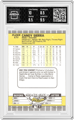 Candy Sierra from the 1989 Fleer set graded by Arena Club and given an overall grade of 9.