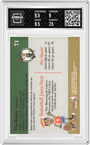 Vin Baker from the 2003-04 Fleer Platinum set graded by Arena Club and given an overall grade of 8.