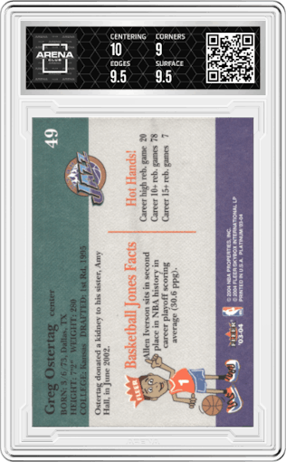Greg Ostertag from the 2003-04 Fleer Platinum set graded by Arena Club and given an overall grade of 9.5.