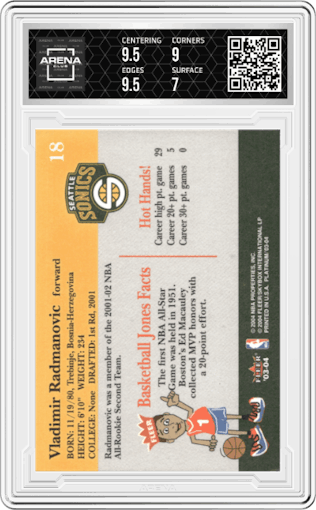 Vladimir Radmanovic from the 2003-04 Fleer Platinum set graded by Arena Club and given an overall grade of 7.5.
