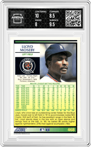 Lloyd Moseby from the 1992 Score set graded by Arena Club and given an overall grade of 8.5.