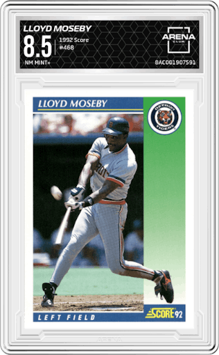 Lloyd Moseby from the 1992 Score set graded by Arena Club and given an overall grade of 8.5.