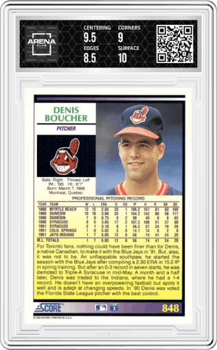 Denis Boucher from the 1992 Score set graded by Arena Club and given an overall grade of 9.