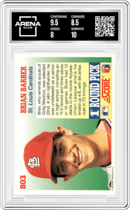 Brian Barber from the 1992 Score set graded by Arena Club and given an overall grade of 8.5.