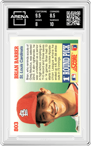 Brian Barber from the 1992 Score set graded by Arena Club and given an overall grade of 8.5.