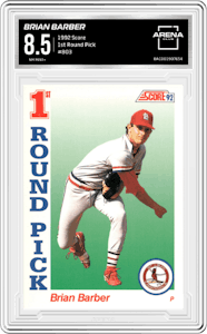 Brian Barber from the 1992 Score set graded by Arena Club and given an overall grade of 8.5.
