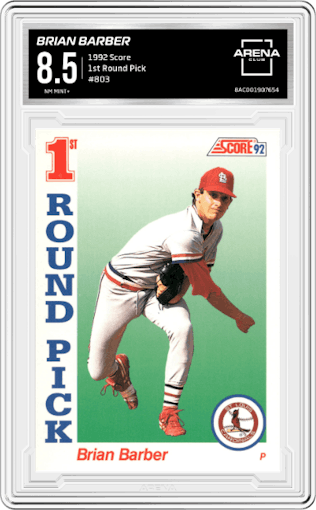 Brian Barber from the 1992 Score set graded by Arena Club and given an overall grade of 8.5.