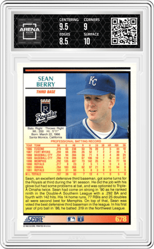 Sean Berry from the 1992 Score set graded by Arena Club and given an overall grade of 9.