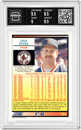 Dan Petry from the 1992 Score set graded by Arena Club and given an overall grade of 9.
