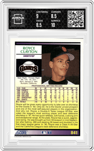 Royce Clayton from the 1992 Score set graded by Arena Club and given an overall grade of 9.