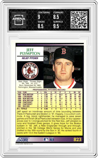 Jeff Plympton from the 1992 Score set graded by Arena Club and given an overall grade of 9.