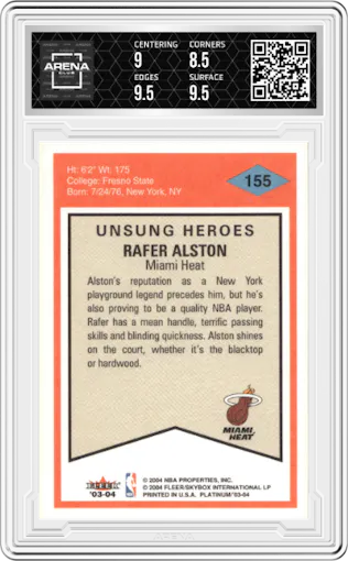 Rafer Alston from the 2003-04 Fleer Platinum set graded by Arena Club and given an overall grade of 9.