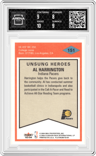 Al Harrington from the 2003-04 Fleer Platinum set graded by Arena Club and given an overall grade of 8.5.