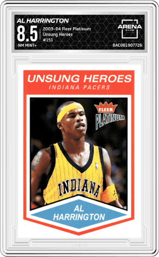 Al Harrington from the 2003-04 Fleer Platinum set graded by Arena Club and given an overall grade of 8.5.