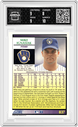 Mike Ignasiak from the 1992 Score set graded by Arena Club and given an overall grade of 8.5.