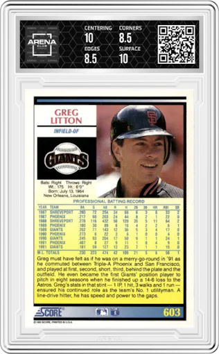 Greg Litton from the 1992 Score set graded by Arena Club and given an overall grade of 9.