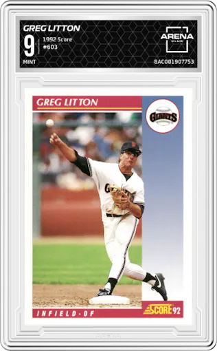 Greg Litton from the 1992 Score set graded by Arena Club and given an overall grade of 9.