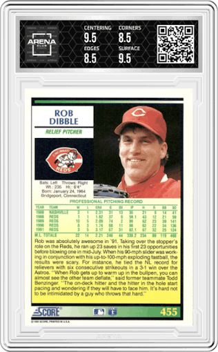 Rob Dibble from the 1992 Score set graded by Arena Club and given an overall grade of 9.
