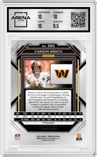 Carson Wentz from the 2022 Panini Prizm set featuring a Purple Prizm parallel graded by Arena Club and given an overall grade of 10.