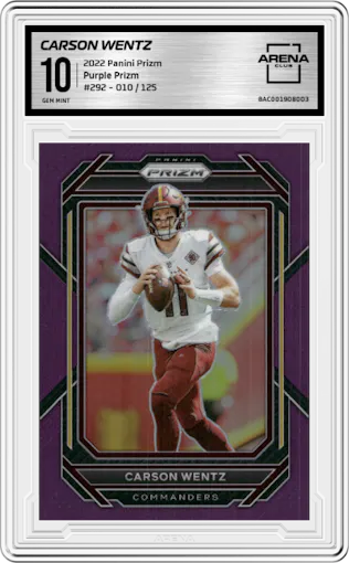 Carson Wentz from the 2022 Panini Prizm set featuring a Purple Prizm parallel graded by Arena Club and given an overall grade of 10.