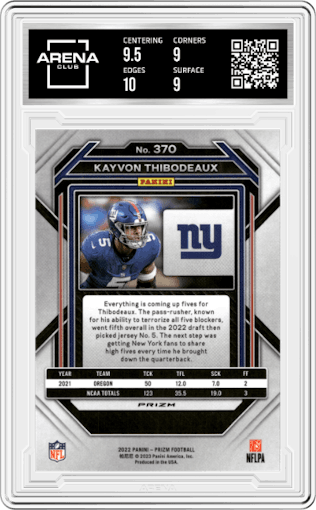 Kayvon Thibodeaux from the 2022 Panini Prizm set featuring a Silver Prizm parallel graded by Arena Club and given an overall grade of 9.5.