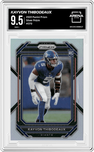 Kayvon Thibodeaux from the 2022 Panini Prizm set featuring a Silver Prizm parallel graded by Arena Club and given an overall grade of 9.5.