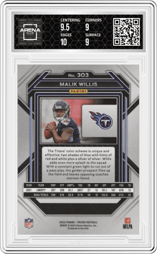 Malik Willis from the 2022 Panini Prizm set graded by Arena Club and given an overall grade of 9.5.
