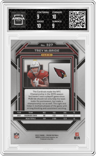 Trey McBride from the 2022 Panini Prizm set graded by Arena Club and given an overall grade of 9.5.