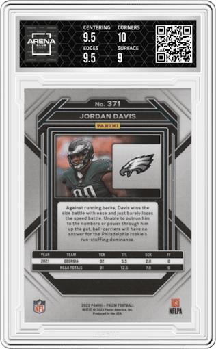 Jordan Davis from the 2022 Panini Prizm set graded by Arena Club and given an overall grade of 9.5.
