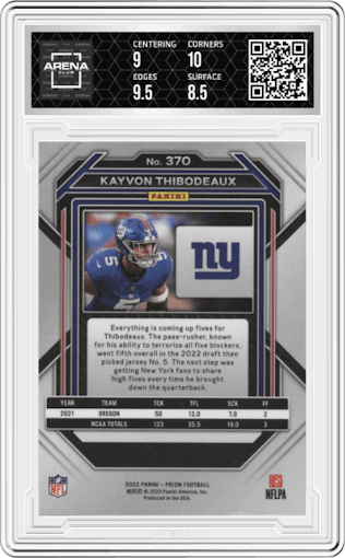 Kayvon Thibodeaux from the 2022 Panini Prizm set graded by Arena Club and given an overall grade of 9.