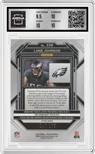 Lane Johnson from the 2022 Panini Prizm set featuring a Hyper parallel graded by Arena Club and given an overall grade of 10.