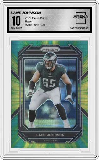 Lane Johnson from the 2022 Panini Prizm set featuring a Hyper parallel graded by Arena Club and given an overall grade of 10.