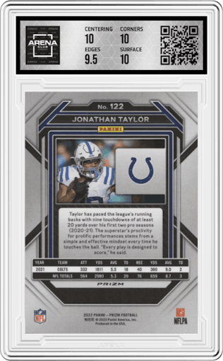 Jonathan Taylor from the 2022 Panini Prizm set featuring a Snakeskin parallel graded by Arena Club and given an overall grade of 10.