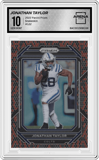Jonathan Taylor from the 2022 Panini Prizm set featuring a Snakeskin parallel graded by Arena Club and given an overall grade of 10.
