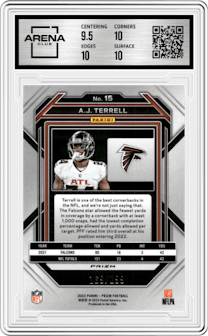 A.J. Terrell from the 2022 Panini Prizm set featuring a Blue Wave parallel graded by Arena Club and given an overall grade of 10.