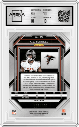 A.J. Terrell from the 2022 Panini Prizm set featuring a Blue Wave parallel graded by Arena Club and given an overall grade of 10.