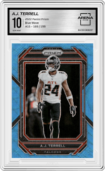 A.J. Terrell from the 2022 Panini Prizm set featuring a Blue Wave parallel graded by Arena Club and given an overall grade of 10.
