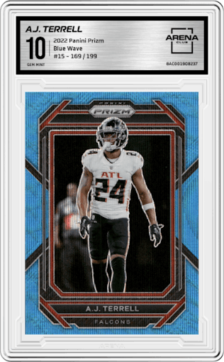 A.J. Terrell from the 2022 Panini Prizm set featuring a Blue Wave parallel graded by Arena Club and given an overall grade of 10.
