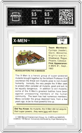 X-Men from the 1990 Impel Marvel Universe  set graded by Arena Club and given an overall grade of 9.