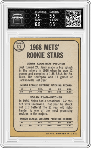 Jerry Koosman/Nolan Ryan from the 1968 Topps set graded by Arena Club and given an overall grade of 6.
