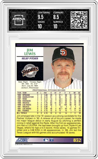 Jim Lewis from the 1992 Score set graded by Arena Club and given an overall grade of 9.