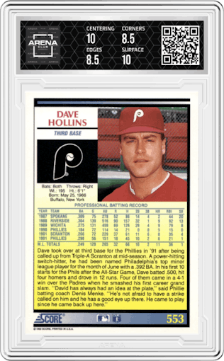 Dave Hollins from the 1992 Score set graded by Arena Club and given an overall grade of 9.