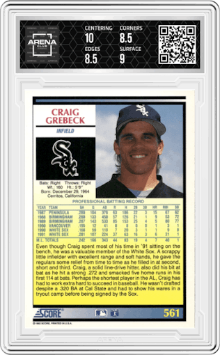 Craig Grebeck from the 1992 Score set graded by Arena Club and given an overall grade of 9.