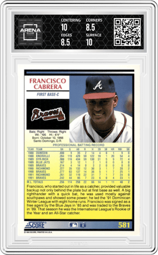 Francisco Cabrera from the 1992 Score set graded by Arena Club and given an overall grade of 9.