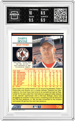 Daryl Irvine from the 1992 Score set graded by Arena Club and given an overall grade of 7.