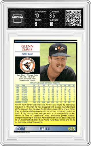 Glenn Davis from the 1992 Score set graded by Arena Club and given an overall grade of 9.