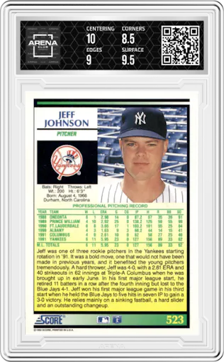 Jeff Johnson from the 1992 Score set graded by Arena Club and given an overall grade of 9.